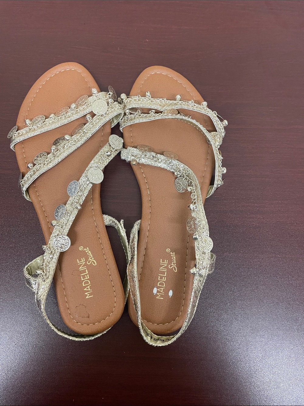 Madeline Stuart Metallic Gold and Tan Coin-Detail Women's Sandals | Size: 9